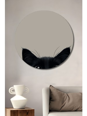 Teona Ahşap Karakalem Görünümlü Siyah Kedi Sanat Ahşap Dekoratif Tablo Yuvarlak Tablo
