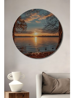 Teona Ahşap Günbatımında Ahşap Çerçeveden Manzara Yağlı Boya Görünümlü Dekoratif Ahşap Tablo Yuvarlak Tablo
