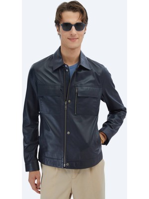 Kip Lacivert Regular Fit Gömlek Yaka Smart Casual Koyun Derisi Deri Mont