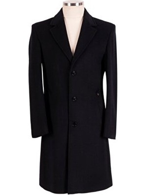 Blu Kadın Slim-Fit Kaşmir Palto Uzun Kol Düz Lacivert Dokuma Kaban