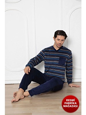 Aydoğan Lacivert Erkek Kadife Pijama Takımı Bisiklet Yaka Uzun Kollu 13018 Aydogan ®