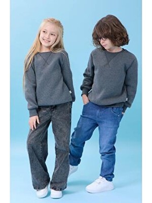 Perendi Unisex Basic Bisiklet Yaka Şardonlu Kışlık Sweatshirt - Antrasit