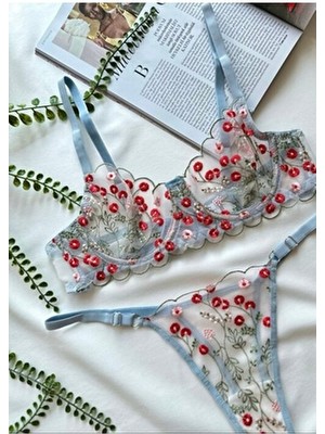 Rozenin Lingerie Romantik Mavi Çiçekli Kapsız Bralet Tanga Set