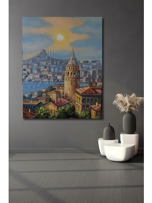 Teona Ahşap Kız Kulesi ve Galata Kulesi Yağlı Boya Görünümlü Istanbul Silüeti Ahşap Tablo Dikdörtgen Tablo