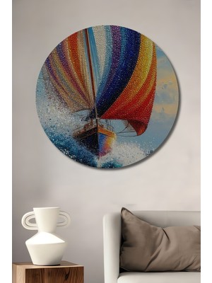 Teona Ahşap Renkli Yelkenli Yağlı Boya Görünümlü Ahşap Dekoratif Tablo Yuvarlak Tablo