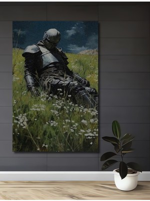 Teona Ahşap Kara Kalem Görünümlü Zırhlı Şövalye Ahşap Dekoratif Tablo Dikdörtgen Tablo