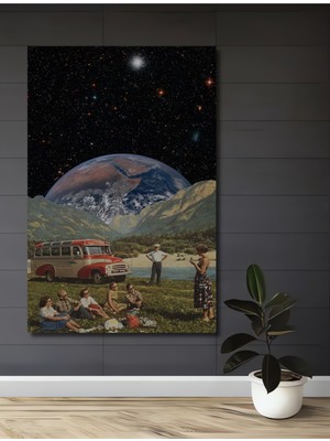 Teona Ahşap Retro Uzay Yolculuğu Yağlı Boya Görünümlü Ahşap Dekoratif Tablo Dikdörtgen Tablo