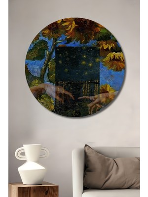 Teona Ahşap Van Gogh Ayçiçekleri Ile Yaratılışın Buluşması Yağlı Boya Görünümlü Ahşap Tablo Yuvarlak Tablo