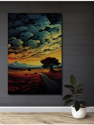 Teona Ahşap Kızıl Tarlalar Eşliğinde Yolculuk Yağlı Boya Görünümlü Ahşap Tablo Dikdörtgen Tablo