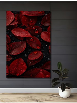 Teona Ahşap Kırmızı Yapraklar Yağlı Boya Görünümlü Ahşap Dekoratif Tablo Dikdörtgen Tablo