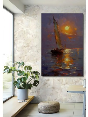 Teona Ahşap Gün Batımı Yelkenlisi Yağlı Boya Görünümlü Dekoratif Ahşap Tablo Dikdörtgen Tablo