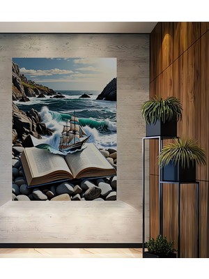 Teona Ahşap Mavi Denizde Yağlı Boya Görünümlü Kitaptan Fırlayan Gemi Ahşap Dekoratif Tablo Dikdörtgen Tablo