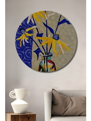 Teona Ahşap Sulu Boya Görünümlü Modern Sanat Çiçek Vazo Dekoratif Ahşap Tablo Yuvarlak Tablo