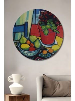 Teona Ahşap Renkli Modern Sanat Sulu Boya Görünümlü Meyve Sepeti Ahşap Dekoratif Tablo Yuvarlak Tablo