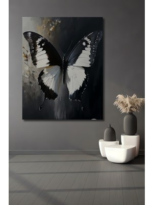 Teona Ahşap Siyah Beyaz Kelebek Yağlı Boya Görünümlü Ahşap Dekoratif Tablo Dikdörtgen Tablo