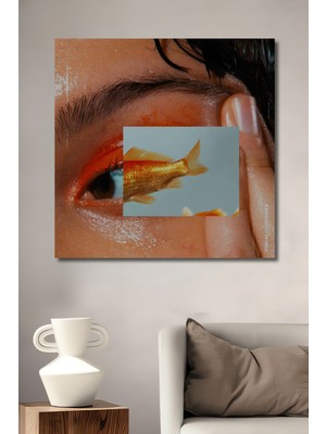 Teona Ahşap Turuncu Gözde Altın Balık Yağlı Boya Görünümlü Ahşap Dekoratif Tablo Dikdörtgen Tablo