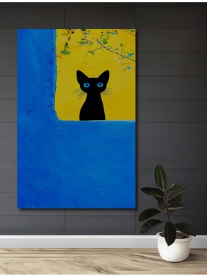 Teona Ahşap Gızemlı Kara Kedi Mavi Pencere Yağlı Boya Görünümlü Ahşap Dekoratif Tablo Dikdörtgen Tablo