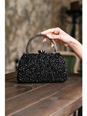 Roza Çanta Kadın Siyah Taşlı Abiye Clutch Portföy Çanta