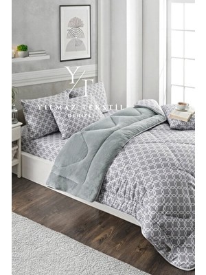 ChicMaison Çift Kişilik Pofuduk Uyku Seti Gri Zincir Geometrik Desenli Ranforce 195 x 215 cm