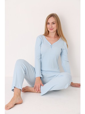 Nbb Mavi Patlı V Yaka Pijama Takım