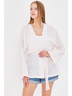 Armonika Kadın Beyaz Kemerli Kimono ARM-25Y001073