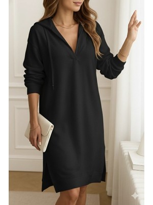 Arben Boutique Kadın Uzun Kollu Kapüşonlu Yakası Açık Modal Elbise