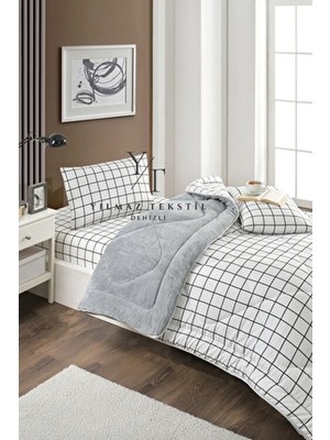 Home Tek Kişilik Welsoft Yorgan Uyku Seti Beyaz Kare Geometrik Desenli Lastikli Çarşaflı 155 x 215 cm