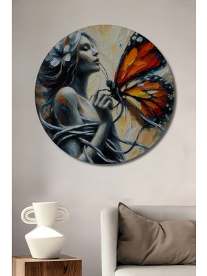 Teona Ahşap Monark Kelebek Kadın Portresi Yağlı Boya Görünümlü Modern Sanat Dekoratif Ahşap Tablo Yuvarlak Tablo