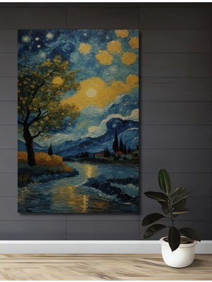 Teona Ahşap Van Gogh Yıldızlı Gece Temalı Yağlı Boya Görünümlü Ahşap Dekoratif Tablo Dikdörtgen Tablo