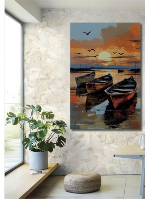 Teona Ahşap Günbatımında Ahşap Tekneler Yağlı Boya Görünümlü Ahşap Dekoratif Tablo Dikdörtgen Tablo