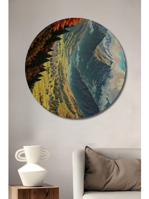 Teona Ahşap Sonbahar Vadi Manzarası Yağlı Boya Görünümlü Ahşap Dekoratif Tablo Yuvarlak Tablo