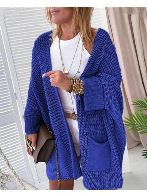 Gökyüzü Moda Kadın Oversize Kalıp Cep Detay Salaş Triko Hırka