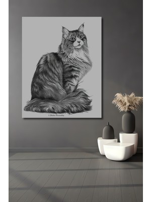 Teona Ahşap Karakalem Görünümlü Maine Coon Kedi Sanatı Dekoratif Ahşap Tablo Dikdörtgen Tablo