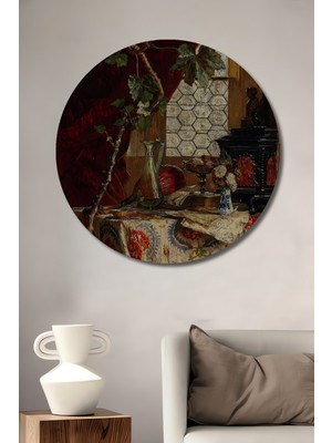 Teona Ahşap Yeşil Yapraklı Saksı Çiçeği Manzaralı Yağlı Boya Görünümlü Dekoratif Ahşap Tablo Yuvarlak Tablo