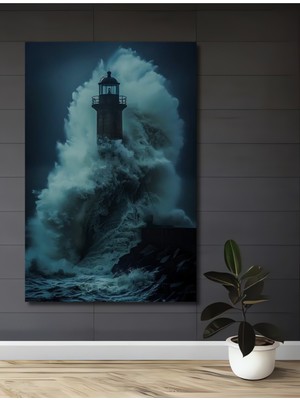 Teona Ahşap Fırtınalı Deniz Feneri Yağlı Boya Görünümlü Ahşap Dekoratif Tablo Dikdörtgen Tablo
