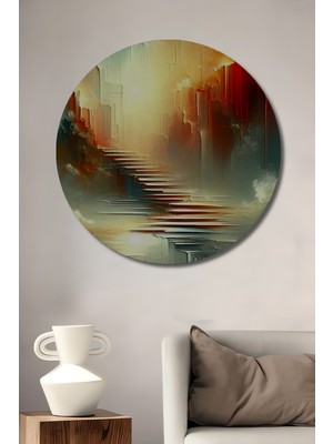 Teona Ahşap Göğe Yükselen Merdivenler Yağlı Boya Görünümlü Ahşap Dekoratif Tablo Yuvarlak Tablo