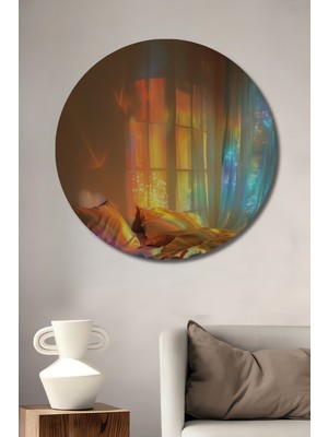 Teona Ahşap Günbatımı Işığıyla Aydınlanan Yatak Odası Sulu Boya Görünümlü Dekoratif Ahşap Tablo Yuvarlak Tablo