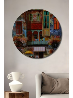Teona Ahşap Romantik Yağlı Boya Görünümlü Ahşap Dekoratif Tablo Sokak Manzarası Bohem Sanat Eseri Yuvarlak Tablo