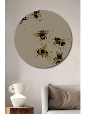 Teona Ahşap Bolluk Arı Desenli Sulu Boya Görünümlü Ahşap Dekoratif Tablo Yuvarlak Tablo