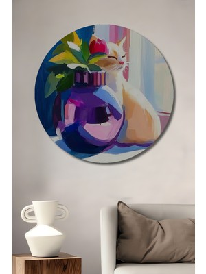 Teona Ahşap Sulu Boya Görünümlü Kedi ve Çiçeklerle Dolu Vazo Ahşap Dekoratif Tablo Yuvarlak Tablo