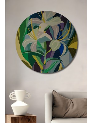 Teona Ahşap Zarif Zambaklar Soyut Sanat Sulu Boya Görünümlü Dekoratif Ahşap Tablo Yuvarlak Tablo