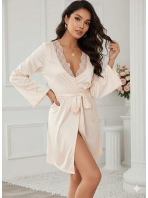 Gökyüzü Moda Kadın Uzun Kollu Dantel Yakalı Belden Kuşaklı Viskon Gecelik