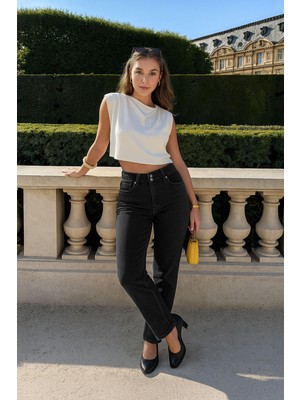 Kadın Yüksek Bel Beli Lastikli Antrasit Jean Pantolon