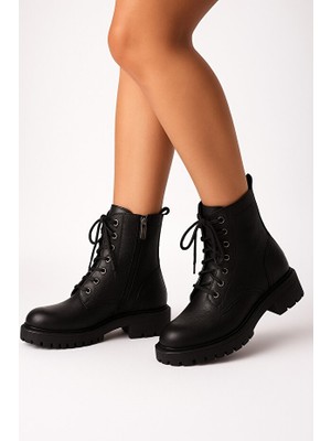 Laura 35-43 Numara Hakiki Deri Kadin Uzun Bot Fermuarli Bağcıklı Kaymaz Taban Postal