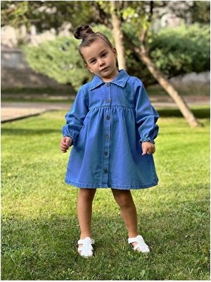 Pollito Kız Çocuk Gömlek Yaka Detay Önü Düğmeli Robalı Kot Elbise