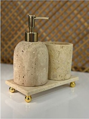 3 Lü Gold Traverten Mermer Banyo Aksesuarları Seti Sıvı Sabunluklu Diş Fırçalıklı Şık Tasarım