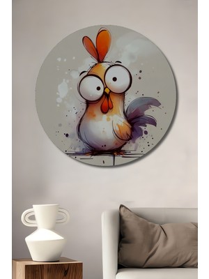 Teona Ahşap Sevimli Tavuk Karikatür Sulu Boya Görünümlü Sanat Tablosu Ahşap Dekoratif Tablo Yuvarlak Tablo