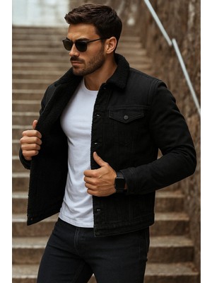 Comstar Erkek Kışlık Siyah Denim Ceket İçi Peluş Kürk Detaylı Trend Model