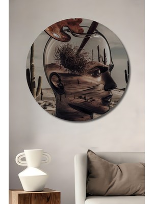 Teona Ahşap Kaktüs Çöl Zihni Yağlı Boya Görünümlü Soyut Sanat Ahşap Dekoratif Tablo Yuvarlak Tablo