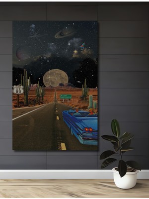 Teona Ahşap Retro Uzay Yolculuğu Yağlı Boya Görünümlü Ahşap Dekoratif Tablo Dikdörtgen Tablo